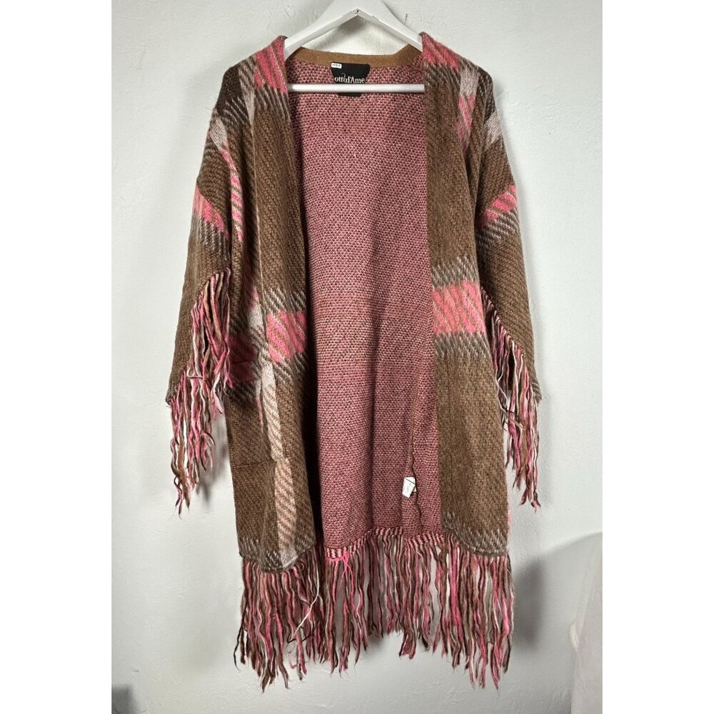 Ottod'ame Womens Fringe Duster Cardigan XS Plaid Pink Tan Mohair Sweater Pockets